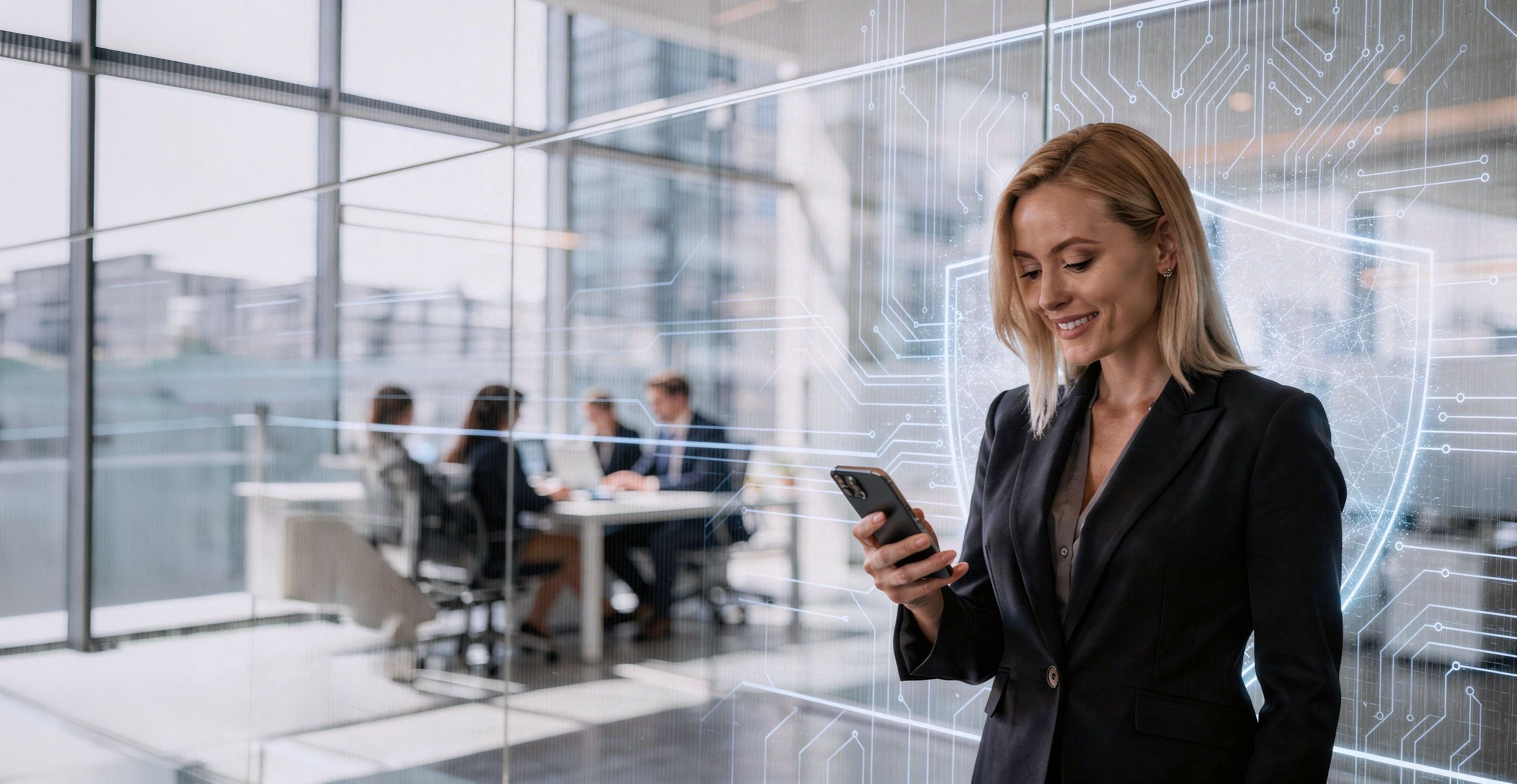 Professional woman smiling at her smartphone in a modern office, surrounded by a digital security overlay
