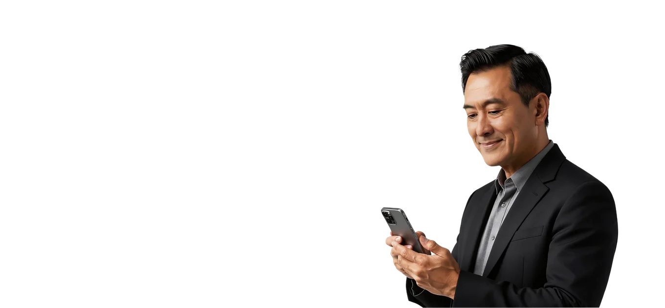 Man in a dark suit looking at a smartphone