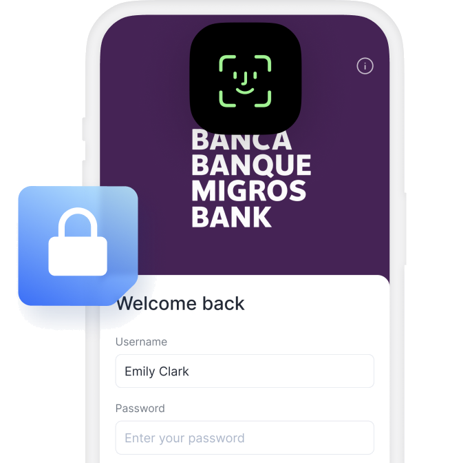 Willkommensbildschirm einer Bank mit Sicherheitsschloss-Badge auf einem Smartphone
