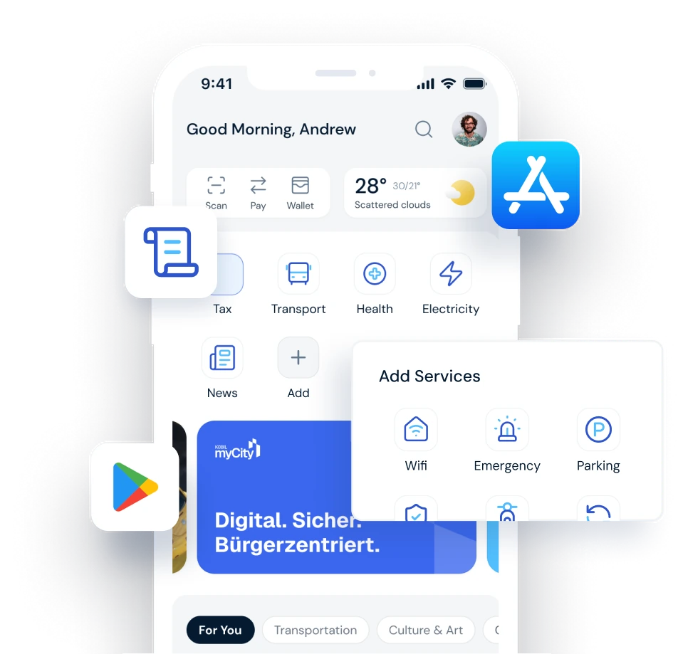 Die KOBIL myCity Bürger-App auf einem Smartphone mit Kacheln für städtische Services, einem Panel zum Hinzufügen von Services sowie App-Store- und Google-Play-Badges
