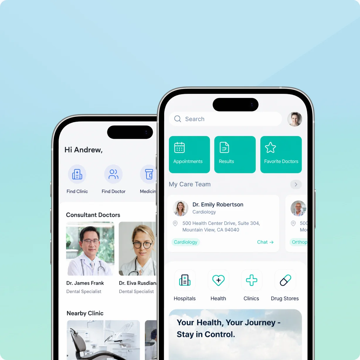 Universit&auml;tsklinikum Mainz'in sağlık uygulaması iki iPhone ekranında: randevular, test sonuçları, doktor profilleriyle bakım ekibi ve hastane, klinik ve eczanelere hızlı erişim