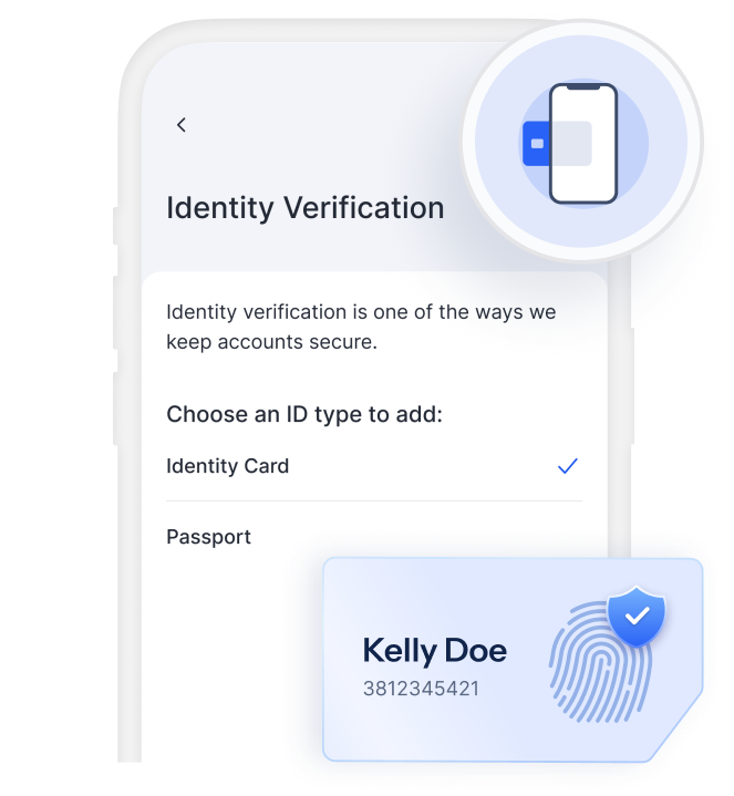 Akıllı telefonda kimlik taraması, NFC simgesi ve doğrulanmış hasta kartıyla bir KOBIL kimlik doğrulama akışı