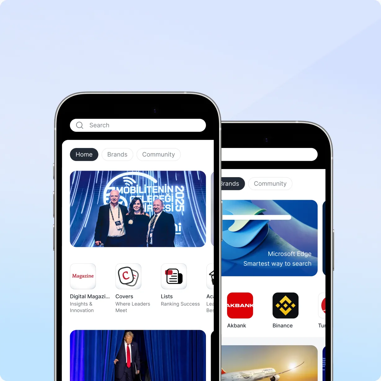 İki iPhone üzerinde Forbes Connect SuperApp: Digital Magazine, Covers ve Lists MiniApp'lerinin yer aldığı ana akış ile Akbank, Binance ve Microsoft Edge topluluk alanlarını gösteren markalar sekmesi