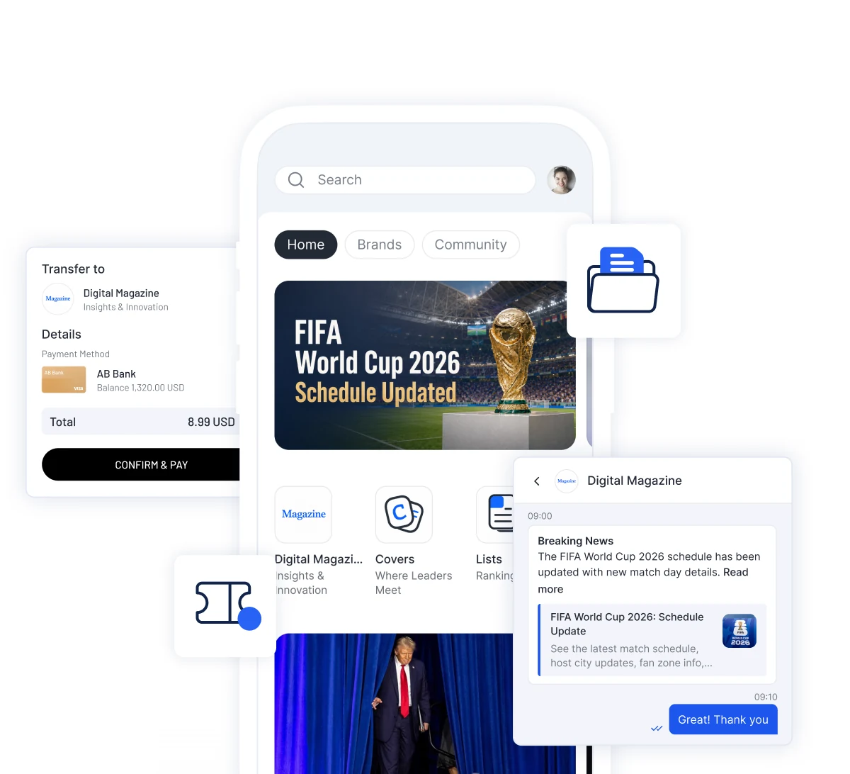 Akıllı telefonda FIFA Dünya Kupası 2026 haberlerini, Digital Magazine aboneliği için güvenli ödeme ekranını ve doğrulanmış bir sohbeti gösteren medya SuperApp'i
