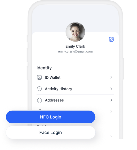 Digitale Bürger-ID-Wallet auf einem Smartphone mit Ausweisdaten sowie Buttons für NFC- und Face-Login