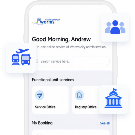 Startbildschirm einer städtischen SuperApp auf einem Smartphone, umgeben von Icons kommunaler Services