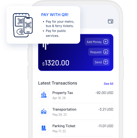 Zahlungs-App auf einem Smartphone mit QR-Zahlungsfunktion und einer Liste der letzten Transaktionen