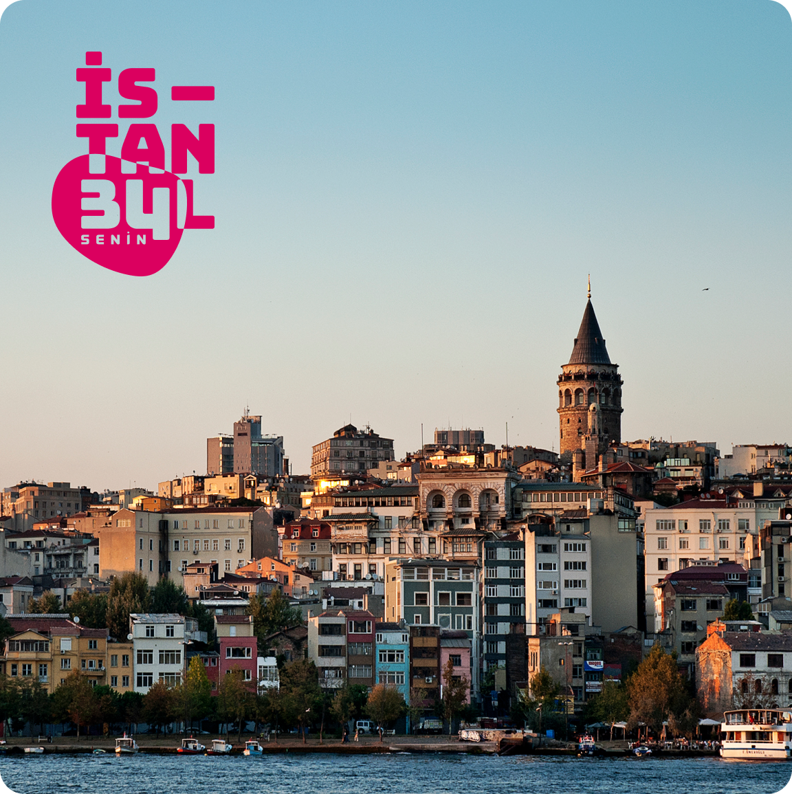 Istanbul skyline with Galata Tower and the Istanbul Senin logo
