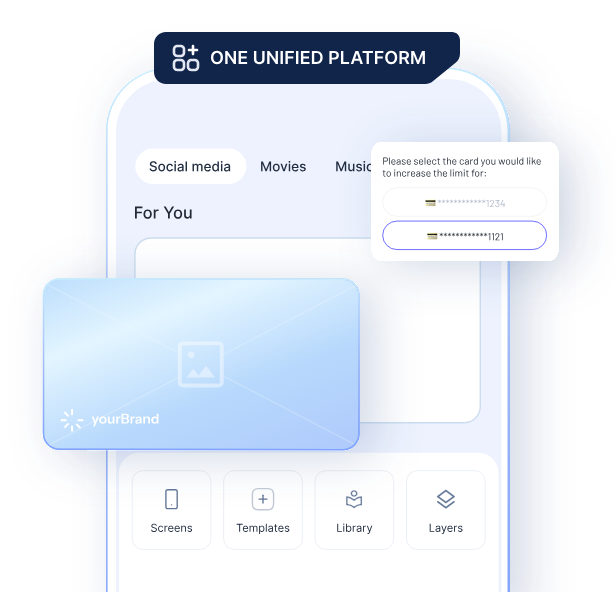 SuperApp platform builder on a smartphone with one unified platform for screens, templates, library and layers