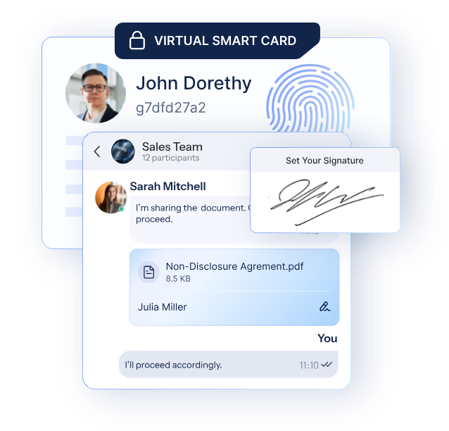 Digital identity card of a user with fingerprint, virtual smart card tag and a chat where a document signature is approved