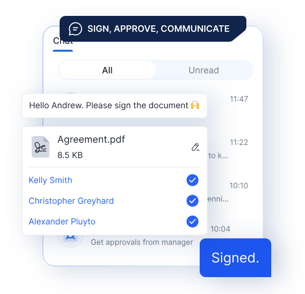 Secure messenger chat list next to a conversation where an agreement is signed and approved by several participants