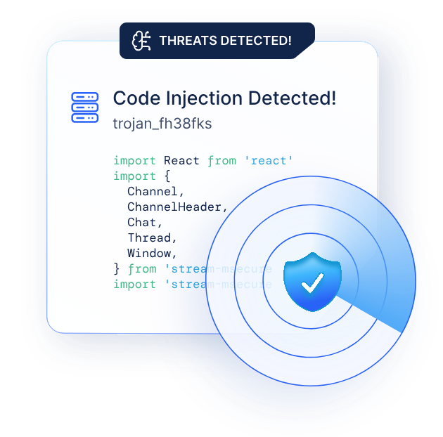 Threat detection interface showing a code injection alert protected by a shield radar