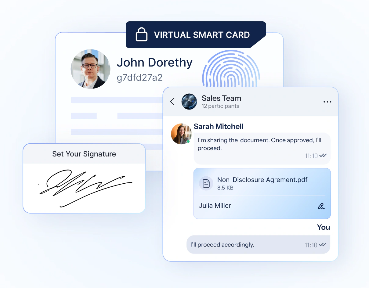 IDentity im Einsatz: eine verifizierte digitale ID-Karte mit Fingerabdruck und Virtual-Smartcard-Badge, ein persönliches Signaturfeld und ein sicherer Team-Chat, in dem eine signierte Vertraulichkeitsvereinbarung geteilt wird