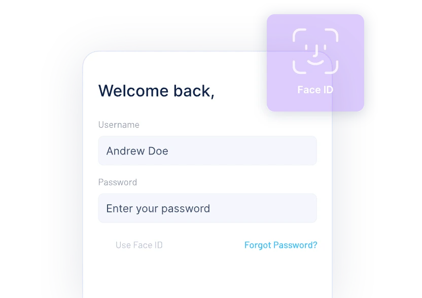 Login-Bildschirm mit Feldern für Benutzername und Passwort neben einer violetten Face-ID-Kachel