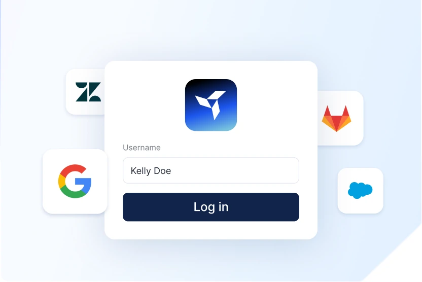 Zendesk, GitLab, Google ve Salesforce uygulama kutucuklarıyla çevrili, kullanıcı adı önceden doldurulmuş mPower oturum açma penceresi
