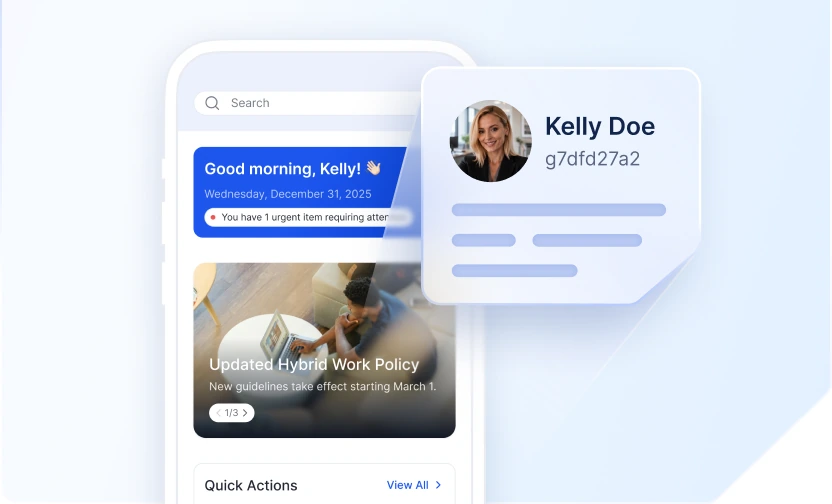 Kelly Doe'ya ait doğrulanmış dijital kimlik kartının yanında mPower çalışma alanı ana ekranını gösteren telefon