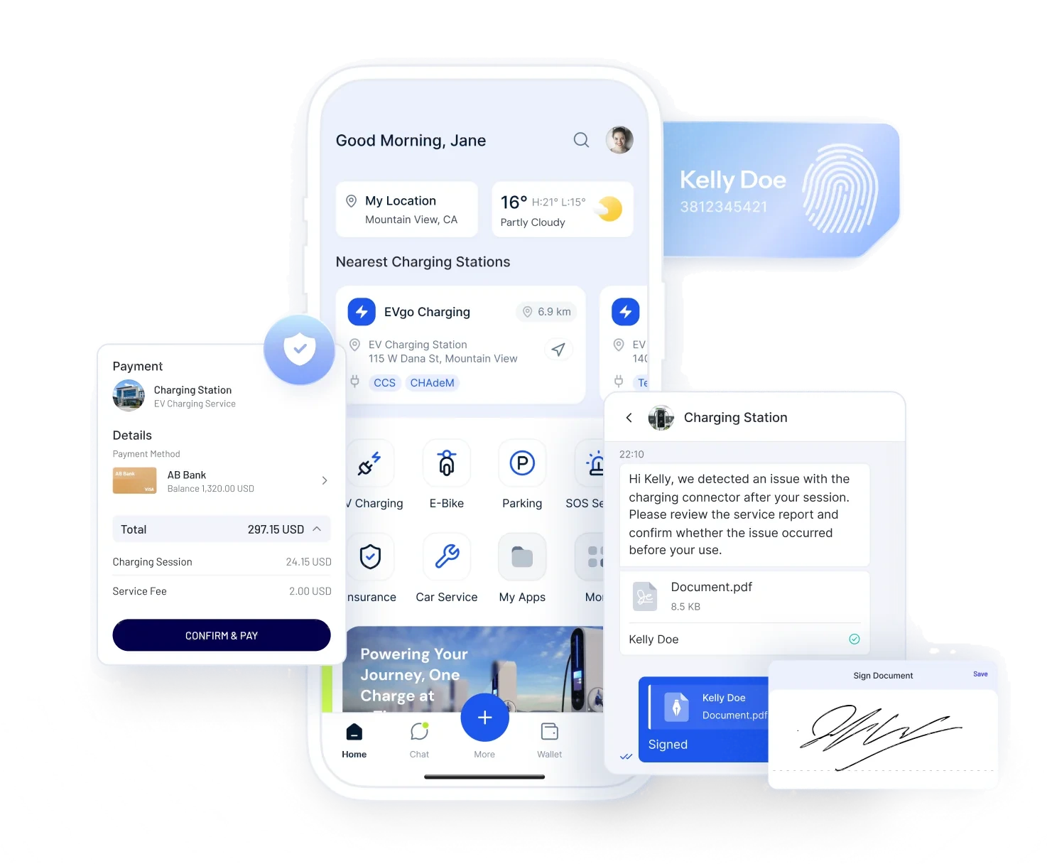 Gestaffelte SuperApp-Screens: ein Smartphone-Startbildschirm mit den nächstgelegenen Ladestationen, ein Bezahldialog mit Gesamtbetrag und „Confirm & Pay“-Button hinter einem Sicherheitsschild, eine Kelly-Doe-Identitätskarte mit Fingerabdruck, ein verschlüsselter Chat der Ladestation mit einem signierten Document.pdf und einem handschriftlichen Unterschriftenfeld