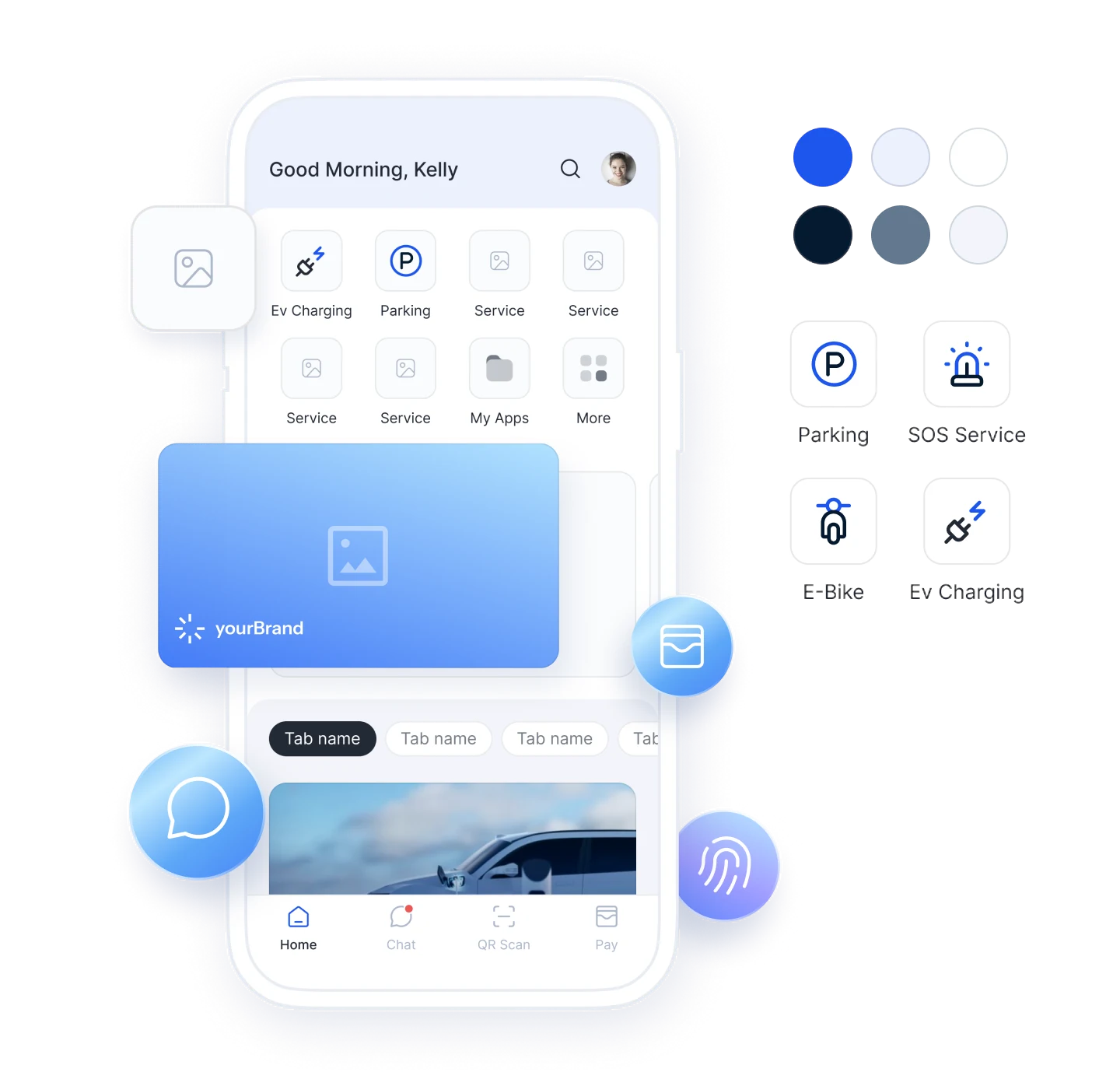 Smartphone mit dem Startbildschirm einer gebrandeten SuperApp mit Mini-Services wie Ev Charging, Parking und My Apps, einer yourBrand-Bezahlkarte und Tabs für Home, Chat, QR Scan und Pay – umgeben von schwebenden Chat-, Wallet- und Fingerabdruck-Icons, Markenfarben und Service-Kacheln für Parking, SOS Service, E-Bike und Ev Charging