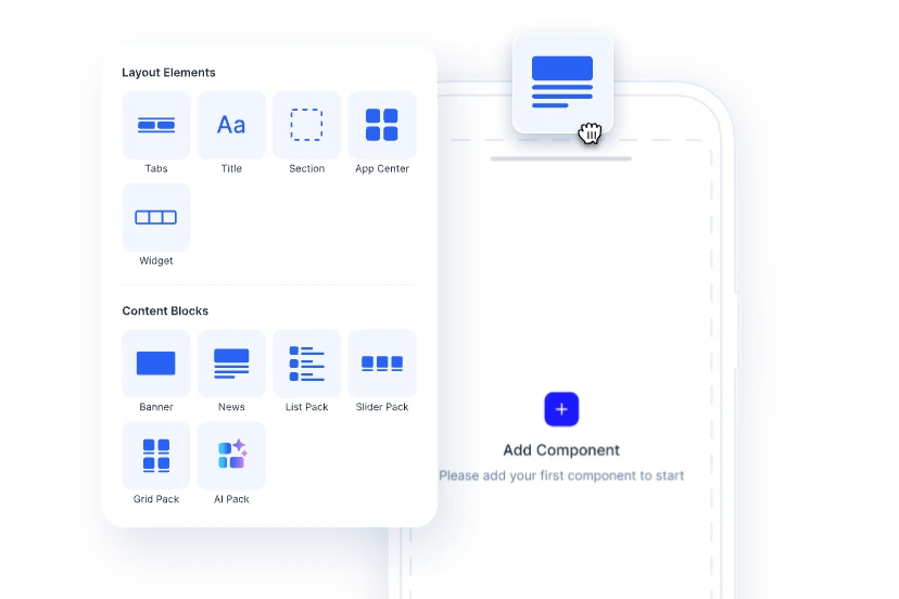 Homescreen-Builder mit Drag-and-drop: Layout-Elemente und Content-Blöcke werden auf einem Smartphone-Canvas platziert