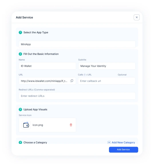 Add-Service-Dialog mit geführten Schritten: App-Typ auswählen, Basisdaten ausfüllen, Visuals hochladen und Kategorie wählen