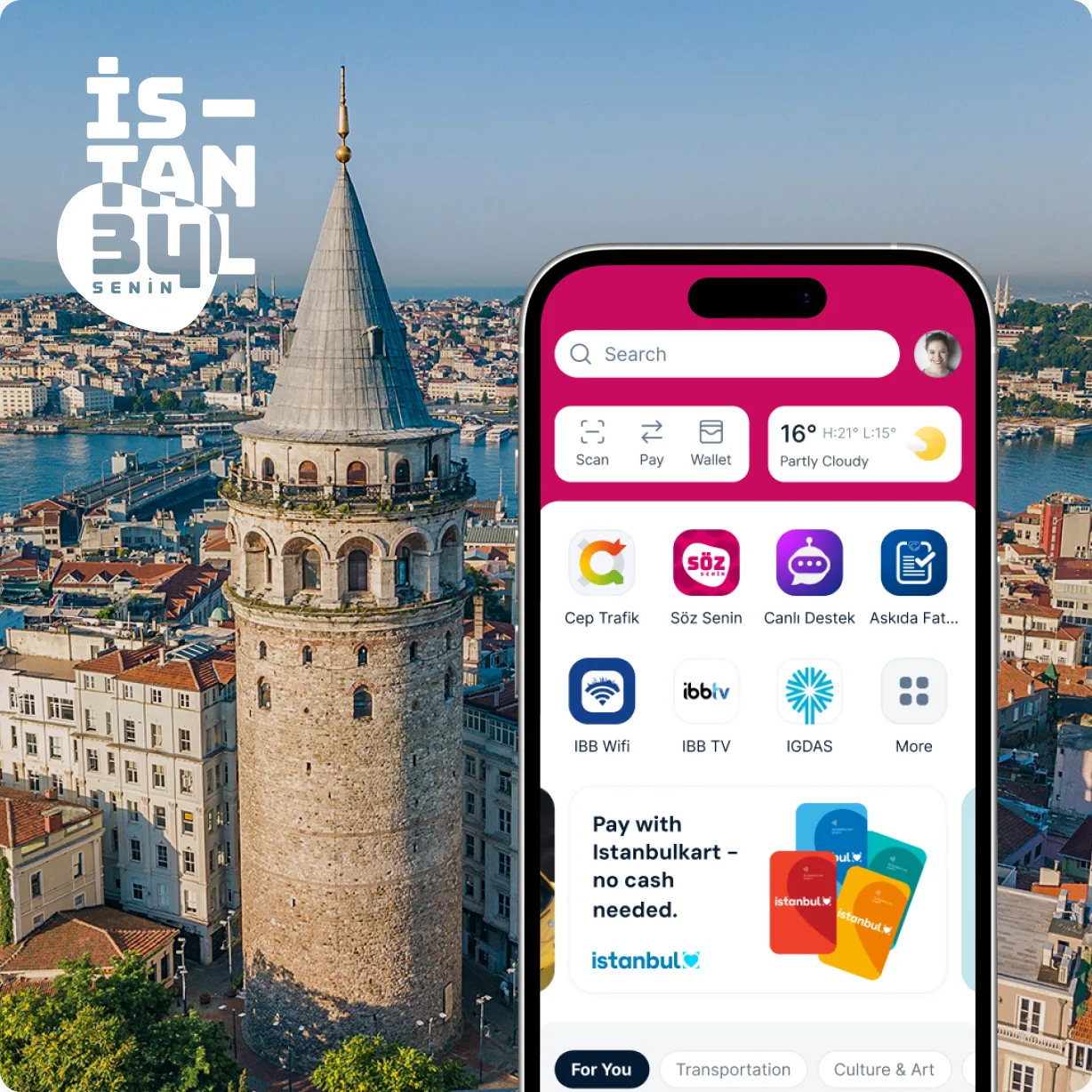Galata Kulesi'nin havadan çekilmiş fotoğrafı ve İstanbul Senin logosu önünde, Cep Trafik, Söz Senin, İBB Wifi ve İstanbulkart ödemeleri gibi şehir hizmeti MiniApp'lerini gösteren bir iPhone'da İstanbul Senin SuperApp'i