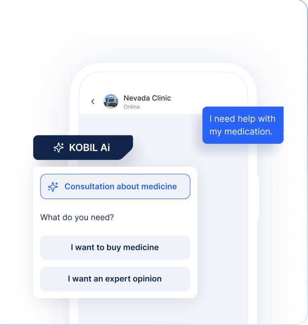 KOBIL Ai asistanının hızlı yanıt seçenekleriyle ilaç konusunda danışmanlık sunduğu Trusted Messenger sohbeti