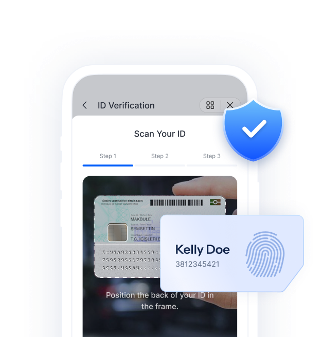 Smartphone scannt einen Ausweis zur Identitätsprüfung, mit verifiziertem Schild-Badge und der bestätigten Identität von Kelly Doe