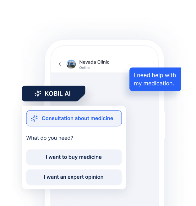 Trusted-Messenger-Chat, in dem der KI-Assistent von KOBIL eine Beratung zu Medikamenten mit Schnellantwort-Optionen anbietet