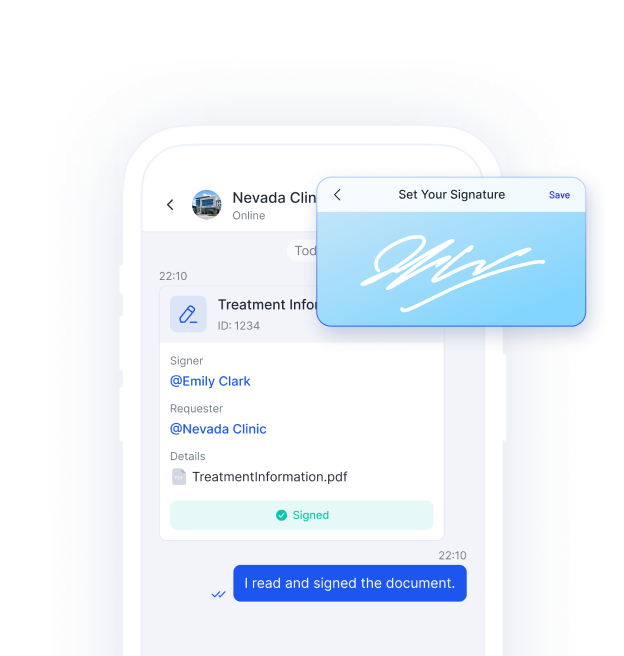 Smartphone mit einem Behandlungsdokument, das mit einer handschriftlichen digitalen Signatur unterzeichnet wird