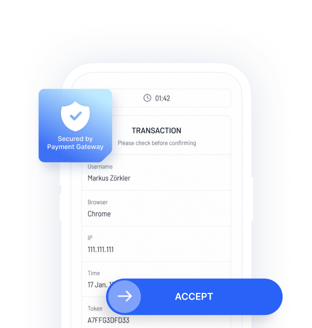 Smartphone mit einer über das Payment Gateway abgesicherten Zahlung und einem Bestätigen-Button