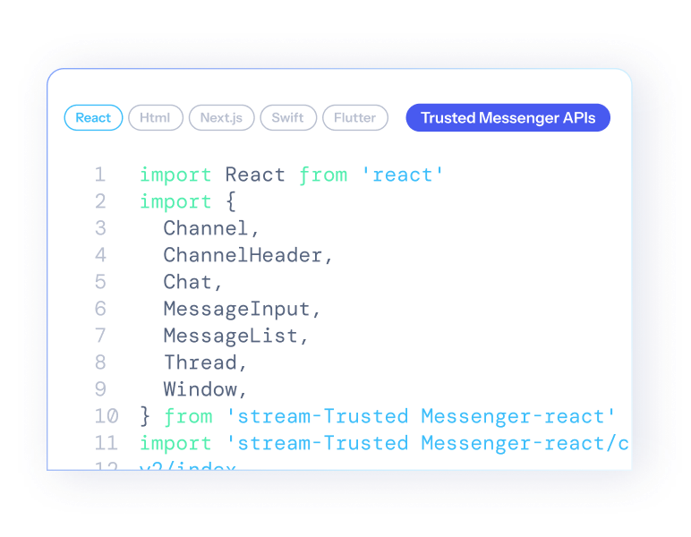 Code-Editor mit einer React-Integration der Trusted-Messenger-APIs