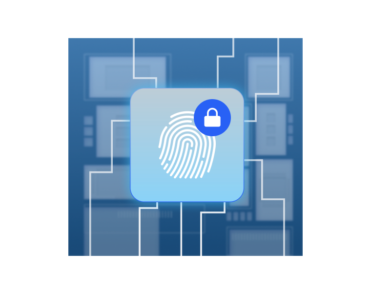 Platinen-Illustration mit Fingerabdrucksensor und Schloss-Symbol als Sinnbild für gerätegebundene Identität