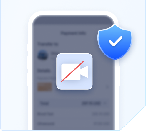Geschwärzter Bezahlbildschirm mit durchgestrichenem Bildschirmaufnahme-Icon, geschützt von einem blauen Schild mit Häkchen