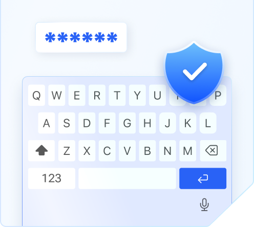 Smartphone-Tastatur unter einem maskierten Passwortfeld, geschützt von einem blauen Schild mit Häkchen