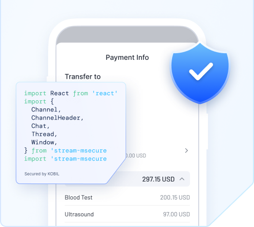 Bezahl-App neben einem von KOBIL gesicherten Code-Snippet, geschützt von einem blauen Schild mit Häkchen