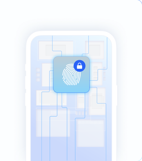 Smartphone mit leuchtendem Fingerabdruck und Schloss-Badge über der Platine – Symbol für kontinuierliche Geräte- und Session-Verifizierung