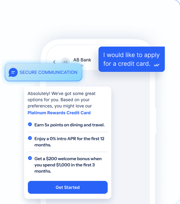 Chat mit sicherer Kommunikation, in dem ein Kunde eine Kreditkarte beantragt und der Assistent der AB Bank die Platinum Rewards Credit Card empfiehlt