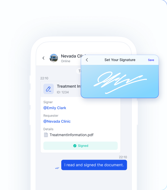 Smartphone mit einem Behandlungsdokument der Nevada Clinic, das mit einer handschriftlichen digitalen Signatur unterzeichnet wird