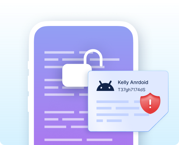 Smartphone mit geöffnetem Vorhängeschloss und einer Gerätekarte mit der Aufschrift Kelly Anrdoid, markiert mit einem roten Warnschild