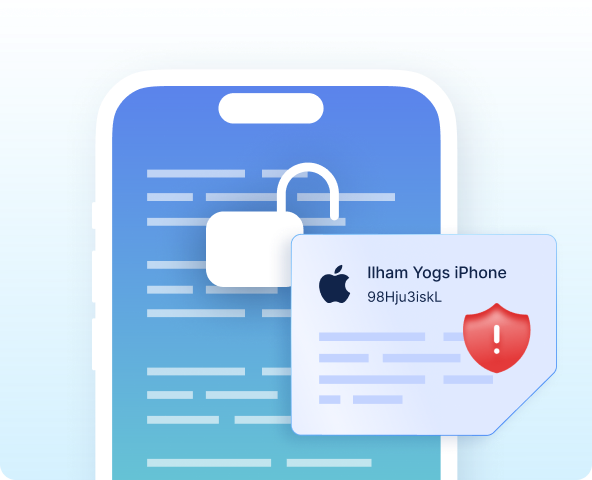 Smartphone mit geöffnetem Vorhängeschloss und einer Gerätekarte mit der Aufschrift Ilham Yogs iPhone, markiert mit einem roten Warnschild