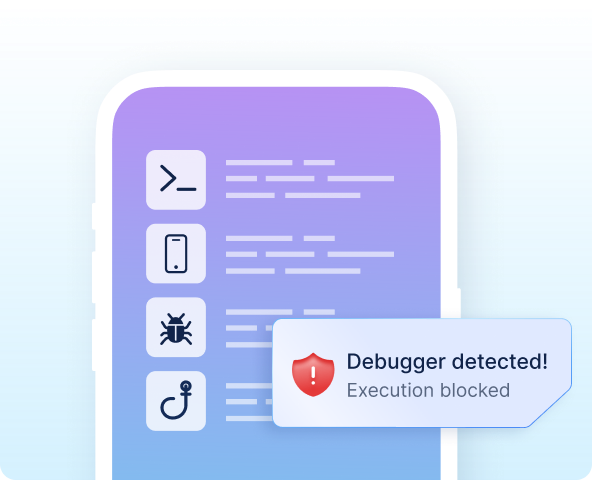 Smartphone mit Icons für Laufzeitprüfungen und der Warnung Debugger detected! Execution blocked