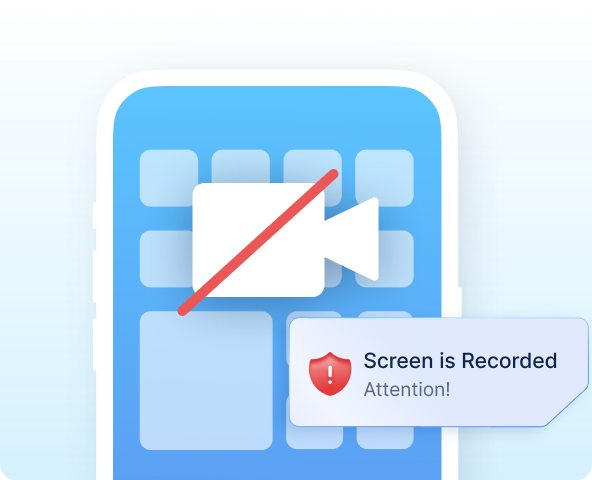 Smartphone-Homescreen mit durchgestrichener Kamera und der Warnung Screen is Recorded — Attention!