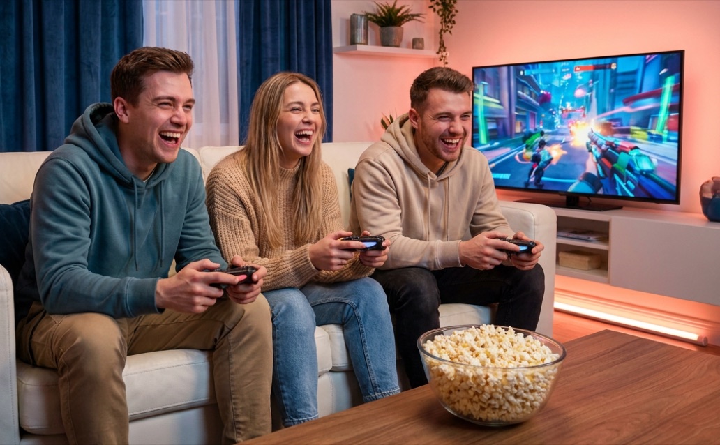 Freunde spielen und schauen gemeinsam Esports