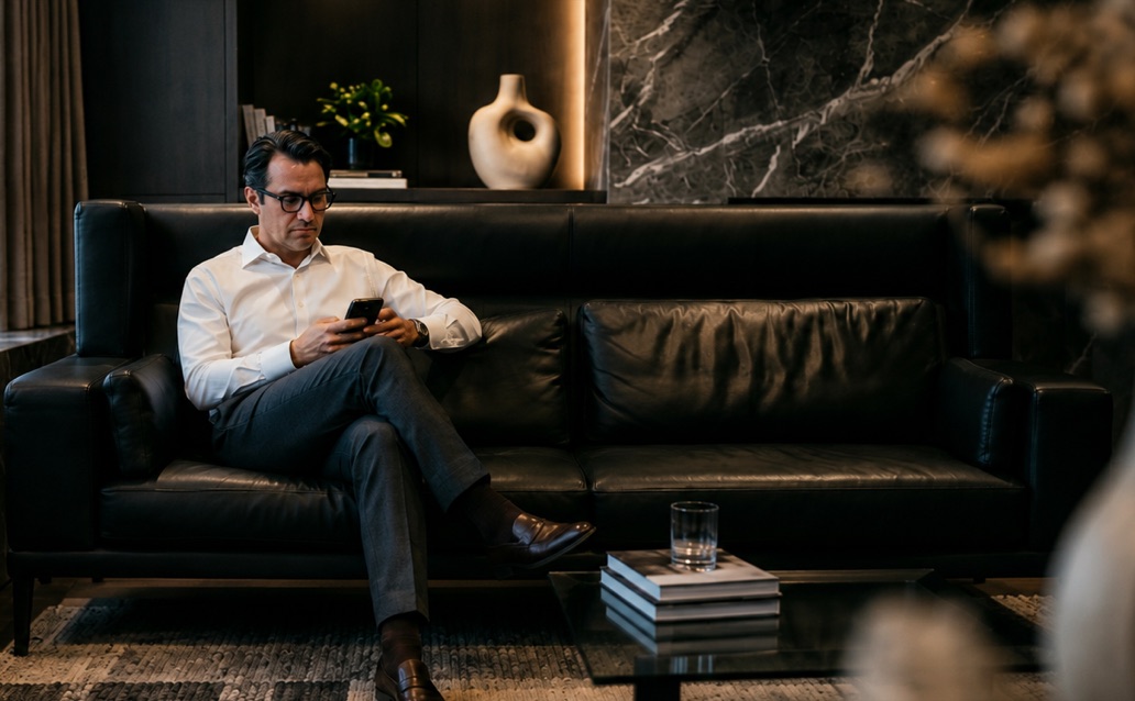 Mann liest Forbes-Inhalte auf dem Sofa